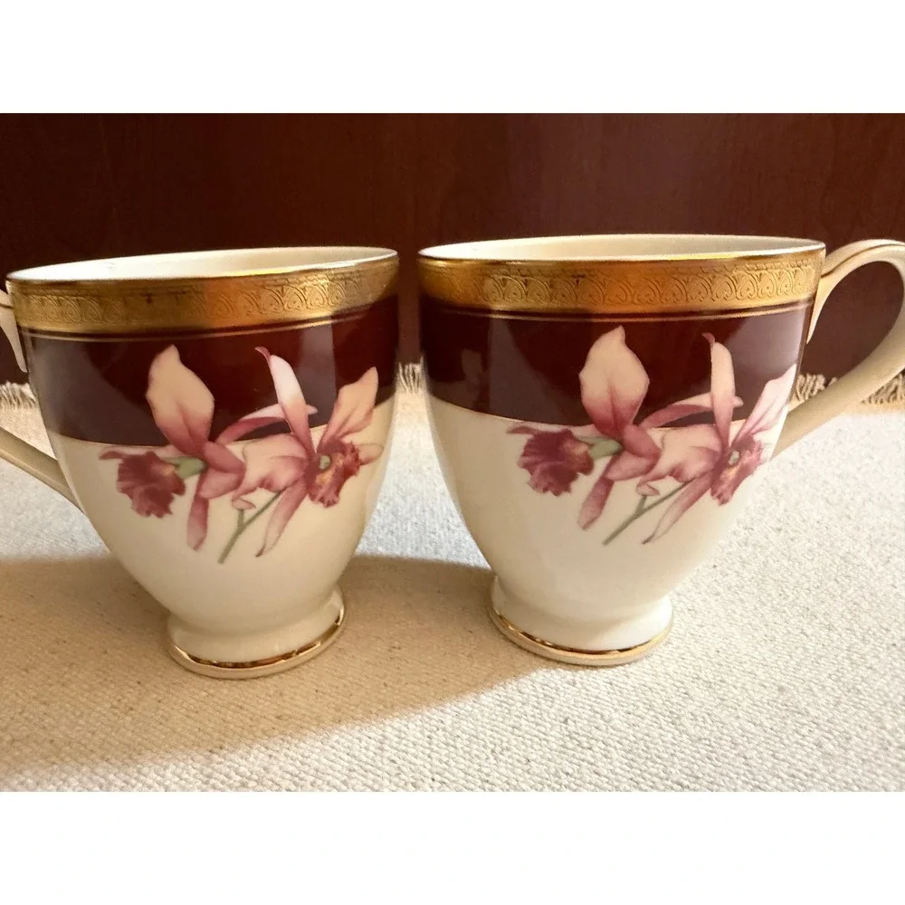 Mikasa Orchid Royal Fine China Tea Cup Set of 2 Burgundy Gold Floral‎